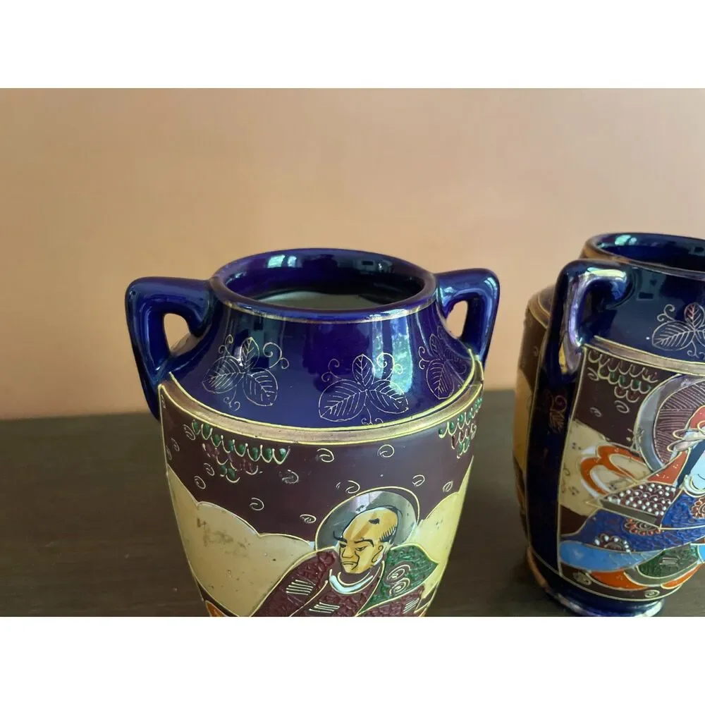 Vintage Japan Cobalt Hand Painted Vase Set Pair 8